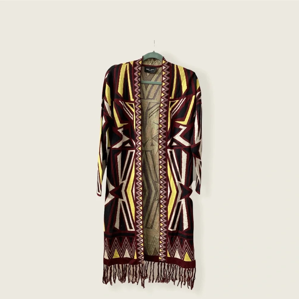 Romeo and Juliet Couture Long Open Cardigan With Fringe Tribal Print OSFM BNWT